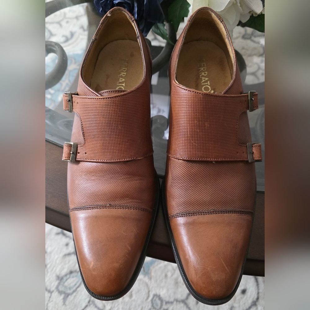 Leather Men's Brown Double Monk Strap Shoes